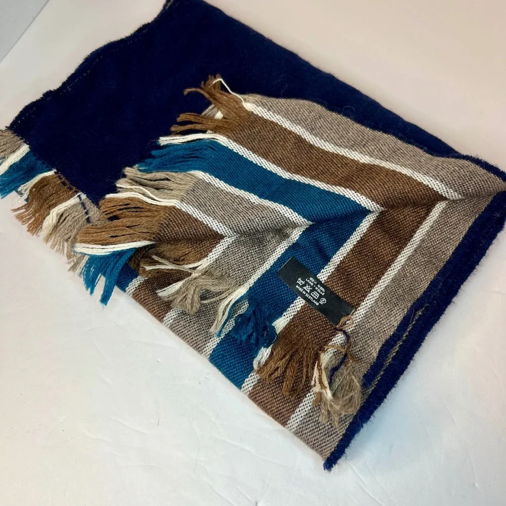 Striped Multicolor Wool Scarf Made in Scotland Striped Brown Blue Cream